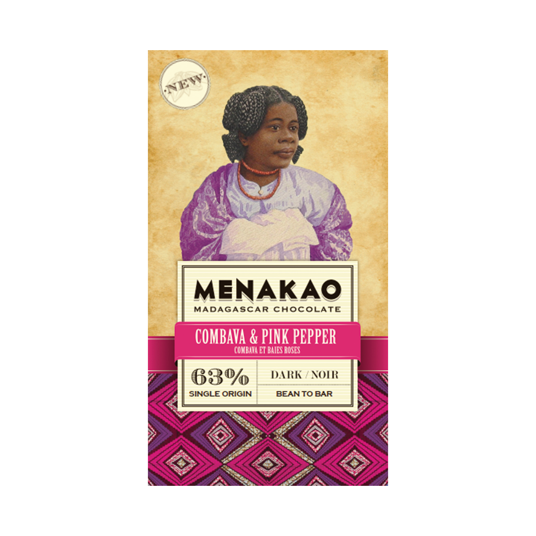 Menakao - Chocolat noir 63% à l'écorce de combava et baies roses