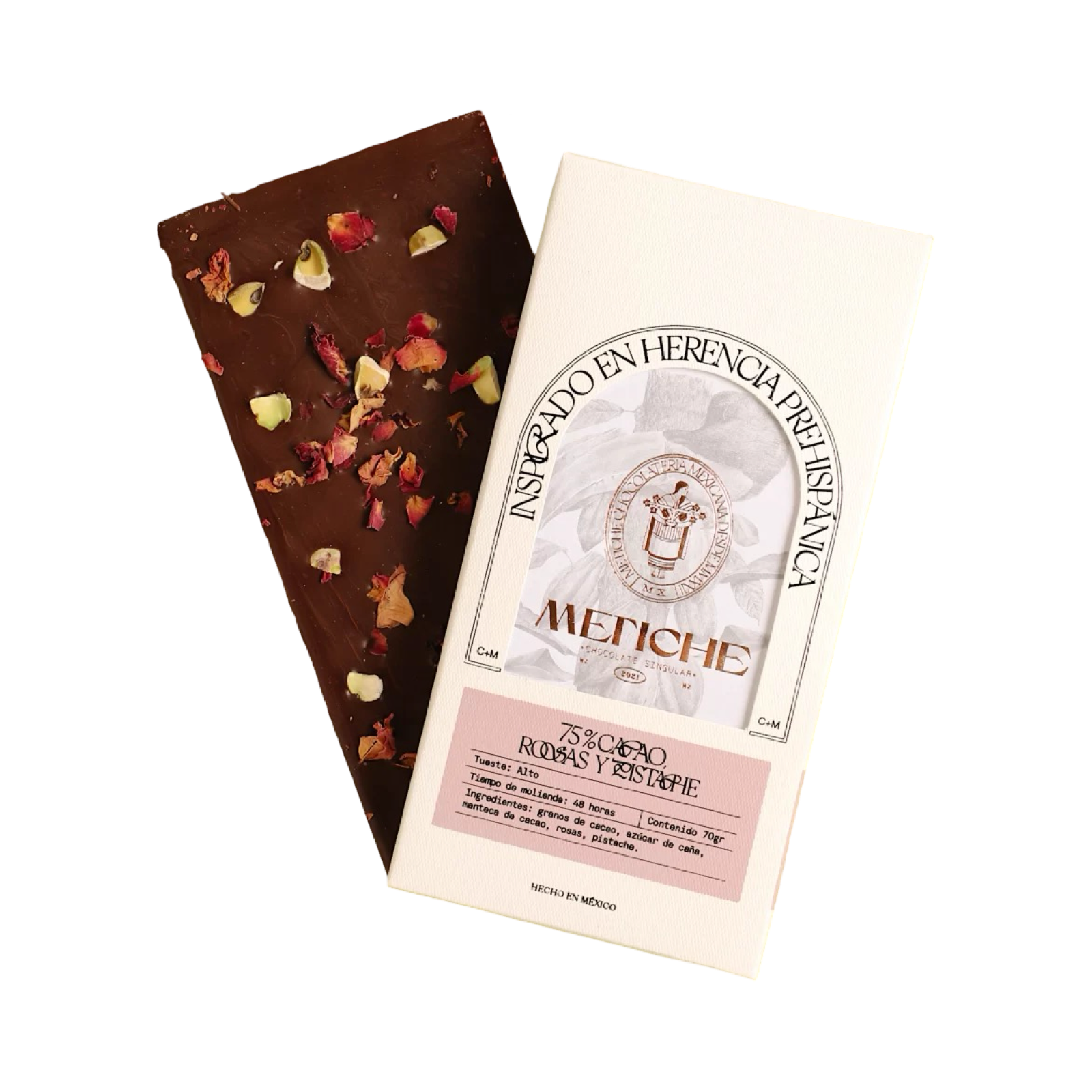 Metiche - Chocolat noir 75% aux pétales de roses et pistaches - MEXIQUE