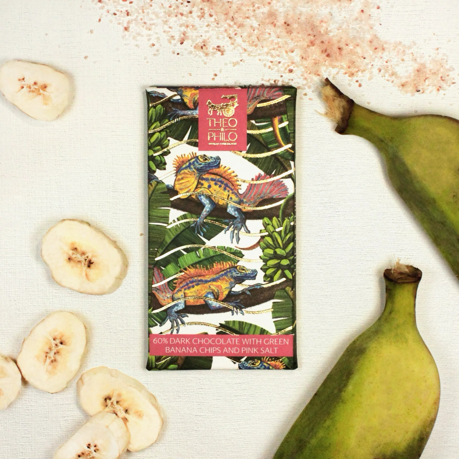 Theo & Philo - Chocolat noir 60% avec copeaux de banane verte et sel rose - PHILIPPINES